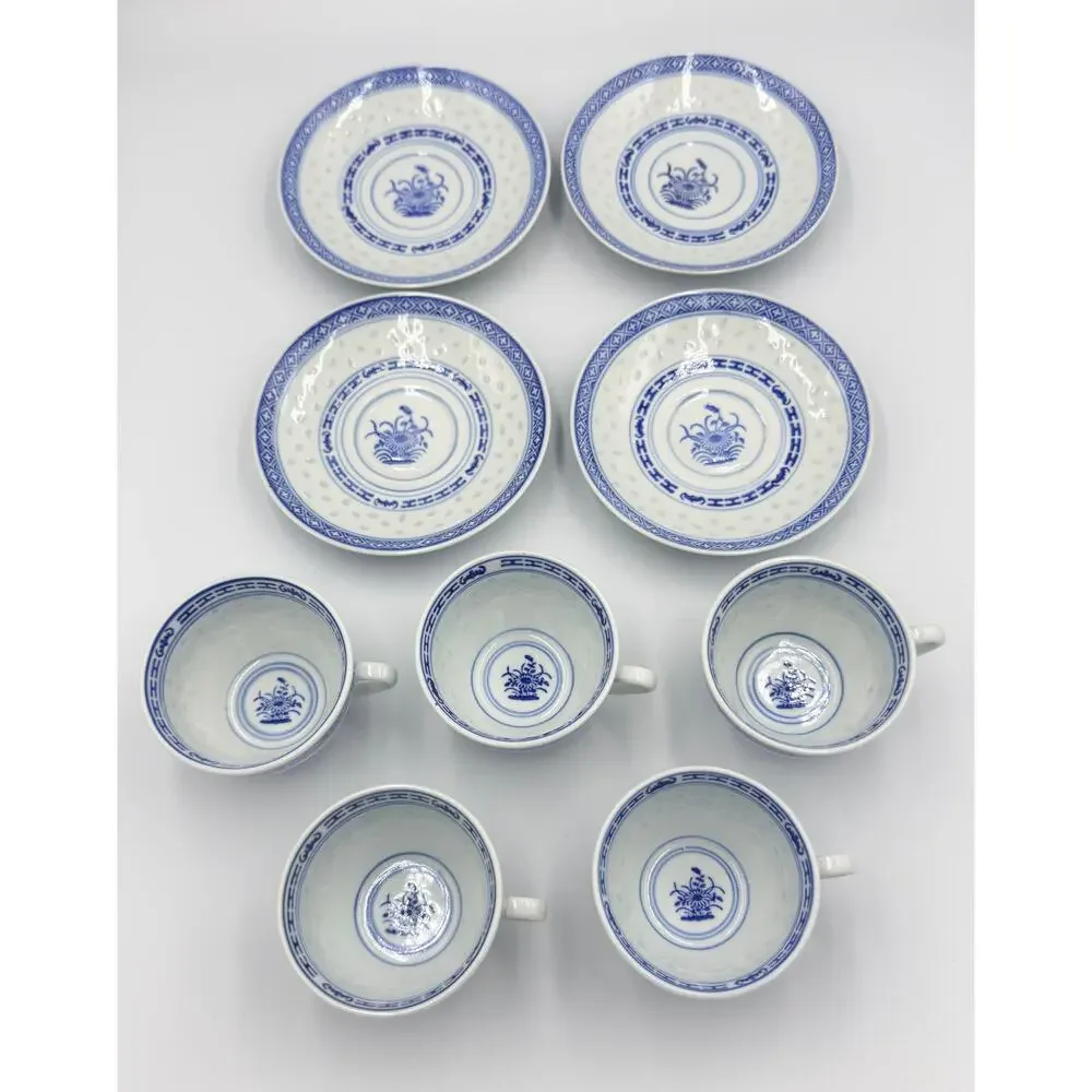 Jingdezhen Rice Eye Grain Cups & Saucers Blue & White Porcelain 9pc Set